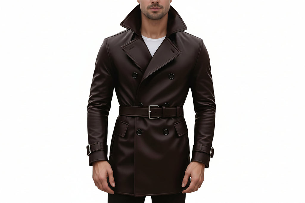 Men's crest mark minimalist genuine soft lambskin real leather long trench coat in dark espresso brown featuring an exaggerated high stand collar, wide notch lapels, double-breasted button front closure, matching waist belt with metallic silver buckle, flap pockets, buckled sleeve cuffs, long fitted sleeves, mid-thigh length cut, and custom made-to-measure fitting across the UK, USA, and Australia.