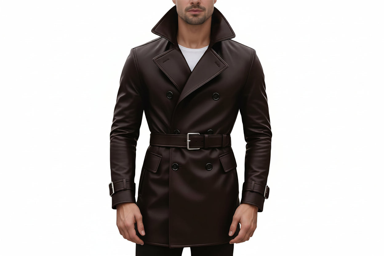 Men's crest mark minimalist genuine soft lambskin real leather long trench coat in dark espresso brown featuring an exaggerated high stand collar, wide notch lapels, double-breasted button front closure, matching waist belt with metallic silver buckle, flap pockets, buckled sleeve cuffs, long fitted sleeves, mid-thigh length cut, and custom made-to-measure fitting across the UK, USA, and Australia.