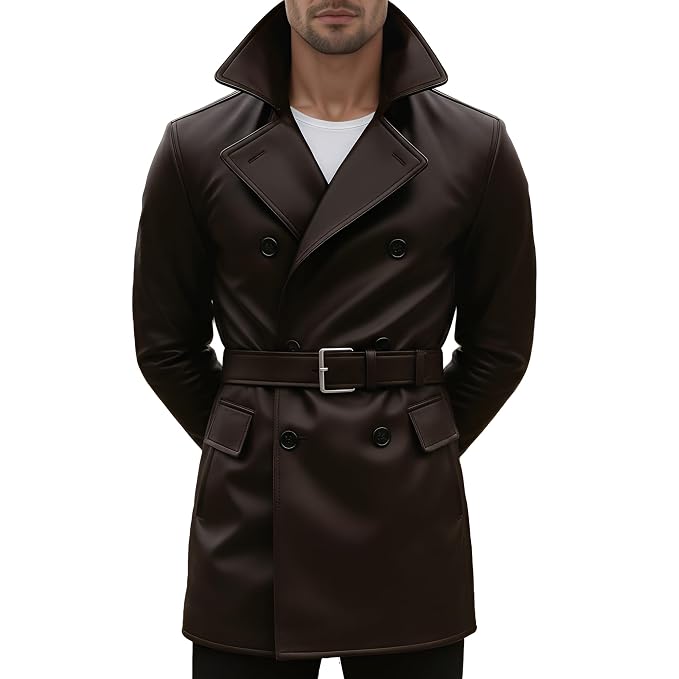Men's crest mark minimalist genuine soft lambskin real leather long trench coat in dark espresso brown featuring an exaggerated high stand collar, wide notch lapels, double-breasted button front closure, matching waist belt with metallic silver buckle, flap pockets, buckled sleeve cuffs, long fitted sleeves, mid-thigh length cut, and custom made-to-measure fitting across the UK, USA, and Australia.side