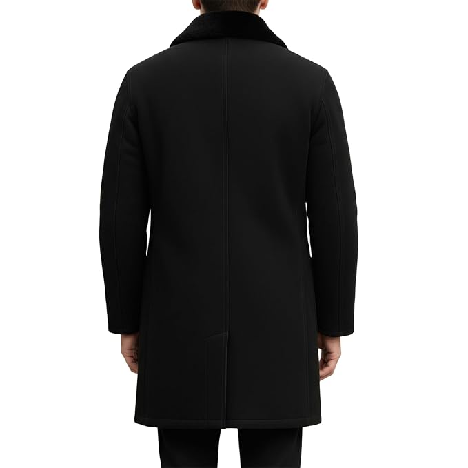 Men's crown edge elegant genuine soft suede real leather long coat in jet black featuring a plush tonal black fur fold-over collar, single-breasted button front closure, large hip patch pockets, long fitted sleeves, knee-length cut, and custom made-to-measure fitting across the UK, USA, and Australia.back