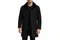 Men's crown edge elegant genuine soft suede real leather long coat in jet black featuring a plush tonal black fur fold-over collar, single-breasted button front closure, large hip patch pockets, long fitted sleeves, knee-length cut, and custom made-to-measure fitting across the UK, USA, and Australia.