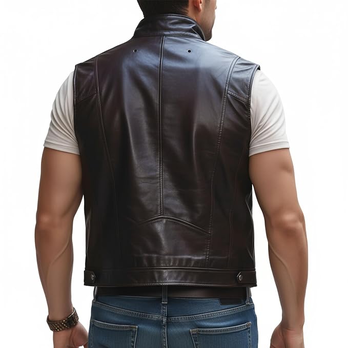 Crown Grain Side Lace Biker Genuine Lambskin Leather Vest for Men Back – Custom Leather Vest by UrbanHides for UK, USA & Australia