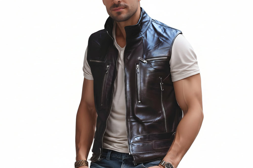 Crown Grain Side Lace Biker Genuine Lambskin Leather Vest for Men – Custom Leather Vest by UrbanHides for UK, USA & Australia