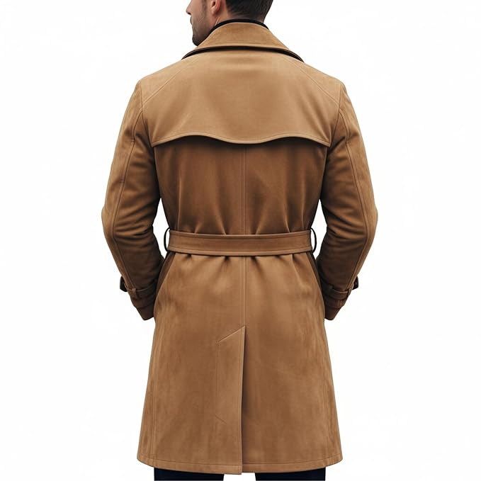 Men's crown knight luxury city style genuine soft suede real leather long trench coat in warm camel tan featuring broad notch lapels, double-breasted button front closure, matching suede waist belt with metallic buckle, side hand pockets, buckled sleeve cuffs, long fitted sleeves, thigh-length cut, and custom made-to-measure fitting across the UK, USA, and Australia.back