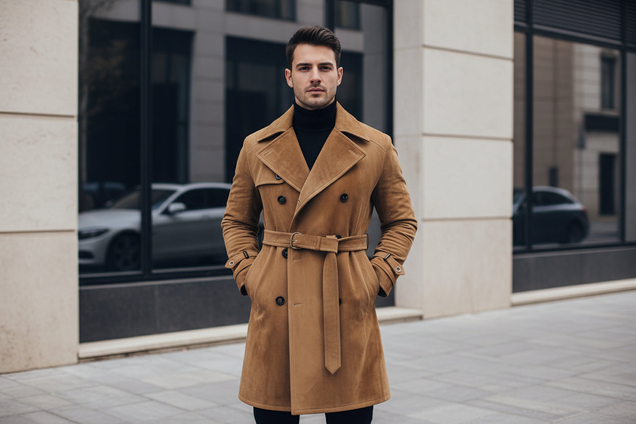 Men's crown knight luxury city style genuine soft suede real leather long trench coat in warm camel tan featuring broad notch lapels, double-breasted button front closure, matching suede waist belt with metallic buckle, side hand pockets, buckled sleeve cuffs, long fitted sleeves, thigh-length cut, and custom made-to-measure fitting across the UK, USA, and Australia.