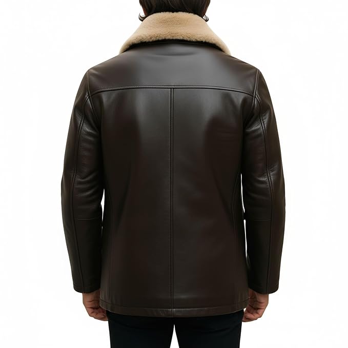 Men's crown loom slim fit genuine soft lambskin real leather coat in dark espresso brown featuring a plush cream fleece shearling collar, single-breasted button front closure, single welt chest pocket, dual buttoned flap hip pockets, long fitted sleeves, mid-length cut, and custom made-to-measure fitting across the UK, USA, and Australia.back