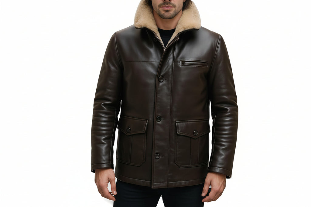 Men's crown loom slim fit genuine soft lambskin real leather coat in dark espresso brown featuring a plush cream fleece shearling collar, single-breasted button front closure, single welt chest pocket, dual buttoned flap hip pockets, long fitted sleeves, mid-length cut, and custom made-to-measure fitting across the UK, USA, and Australia.