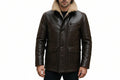 Men's crown loom slim fit genuine soft lambskin real leather coat in dark espresso brown featuring a plush cream fleece shearling collar, single-breasted button front closure, single welt chest pocket, dual buttoned flap hip pockets, long fitted sleeves, mid-length cut, and custom made-to-measure fitting across the UK, USA, and Australia.
