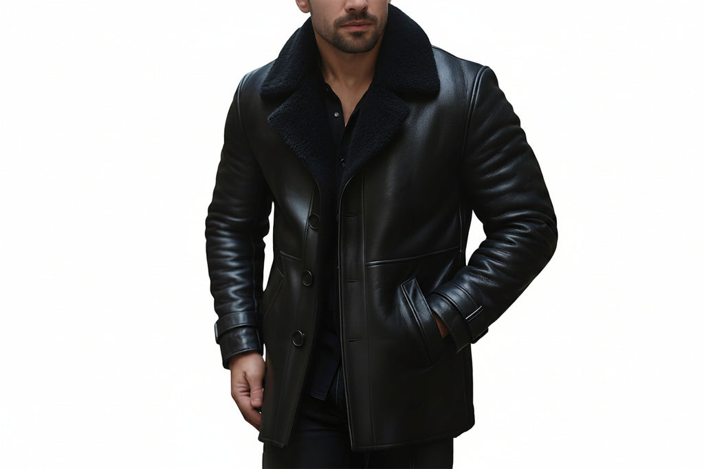 Men's crown mantle western cowboy genuine soft lambskin real leather long duster coat in jet black featuring a plush tonal black shearling fleece collar and wide notch lapels, single-breasted button front closure, angled side handwarmer welt pockets, buckled sleeve cuffs, long fitted sleeves, mid-to-longline duster cut, and custom made-to-measure fitting across the UK, USA, and Australia.