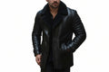 Men's crown mantle western cowboy genuine soft lambskin real leather long duster coat in jet black featuring a plush tonal black shearling fleece collar and wide notch lapels, single-breasted button front closure, angled side handwarmer welt pockets, buckled sleeve cuffs, long fitted sleeves, mid-to-longline duster cut, and custom made-to-measure fitting across the UK, USA, and Australia.