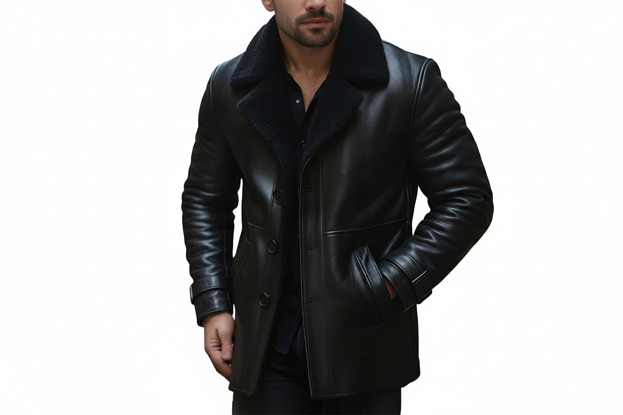 Men's crown mantle western cowboy genuine soft lambskin real leather long duster coat in jet black featuring a plush tonal black shearling fleece collar and wide notch lapels, single-breasted button front closure, angled side handwarmer welt pockets, buckled sleeve cuffs, long fitted sleeves, mid-to-longline duster cut, and custom made-to-measure fitting across the UK, USA, and Australia.