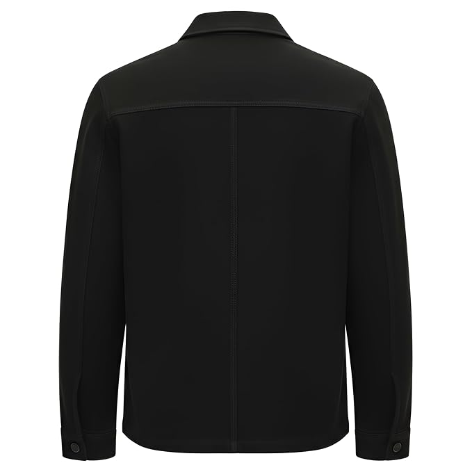 Crown Pelt men's jet black genuine suede leather jacket featuring a spread shirt collar, dual chest flap pockets, button-front closure, and custom made-to-measure fitting across the UK, USA, and Australia.back
