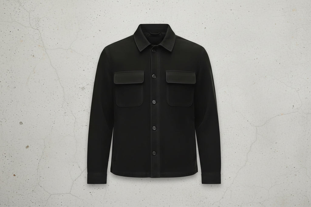 Crown Pelt men's jet black genuine suede leather jacket featuring a spread shirt collar, dual chest flap pockets, button-front closure, and custom made-to-measure fitting across the UK, USA, and Australia.