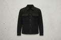Crown Pelt men's jet black genuine suede leather jacket featuring a spread shirt collar, dual chest flap pockets, button-front closure, and custom made-to-measure fitting across the UK, USA, and Australia.
