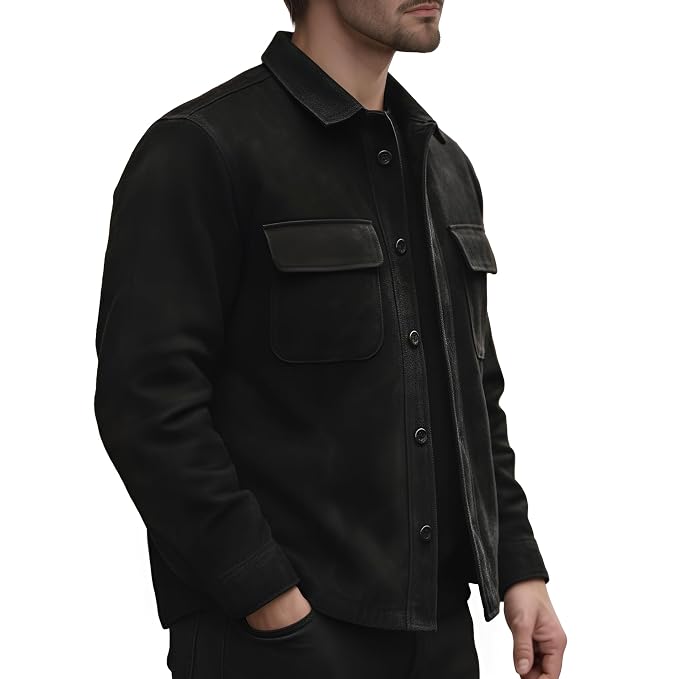 Crown Pelt men's jet black genuine suede leather jacket featuring a spread shirt collar, dual chest flap pockets, button-front closure, and custom made-to-measure fitting across the UK, USA, and Australia.side