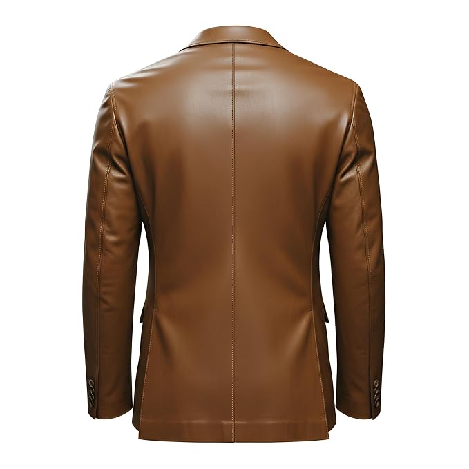 Men's crown thread elegant tailored genuine real lambskin pure soft leather suit blazer jacket in cognac tan featuring classic notch lapels, single-breasted two-button front closure, welt chest pocket with white pocket square accent, dual lower flap waist pockets, contrast white lining, tailored fit silhouette, and custom made-to-measure tailoring across the UK, USA, and Australia.back