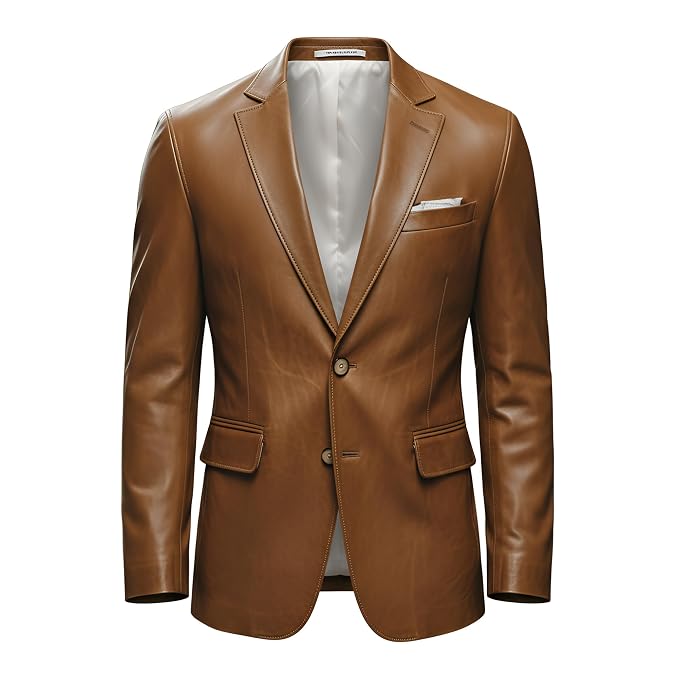 Men's crown thread elegant tailored genuine real lambskin pure soft leather suit blazer jacket in cognac tan featuring classic notch lapels, single-breasted two-button front closure, welt chest pocket with white pocket square accent, dual lower flap waist pockets, contrast white lining, tailored fit silhouette, and custom made-to-measure tailoring across the UK, USA, and Australia.Side