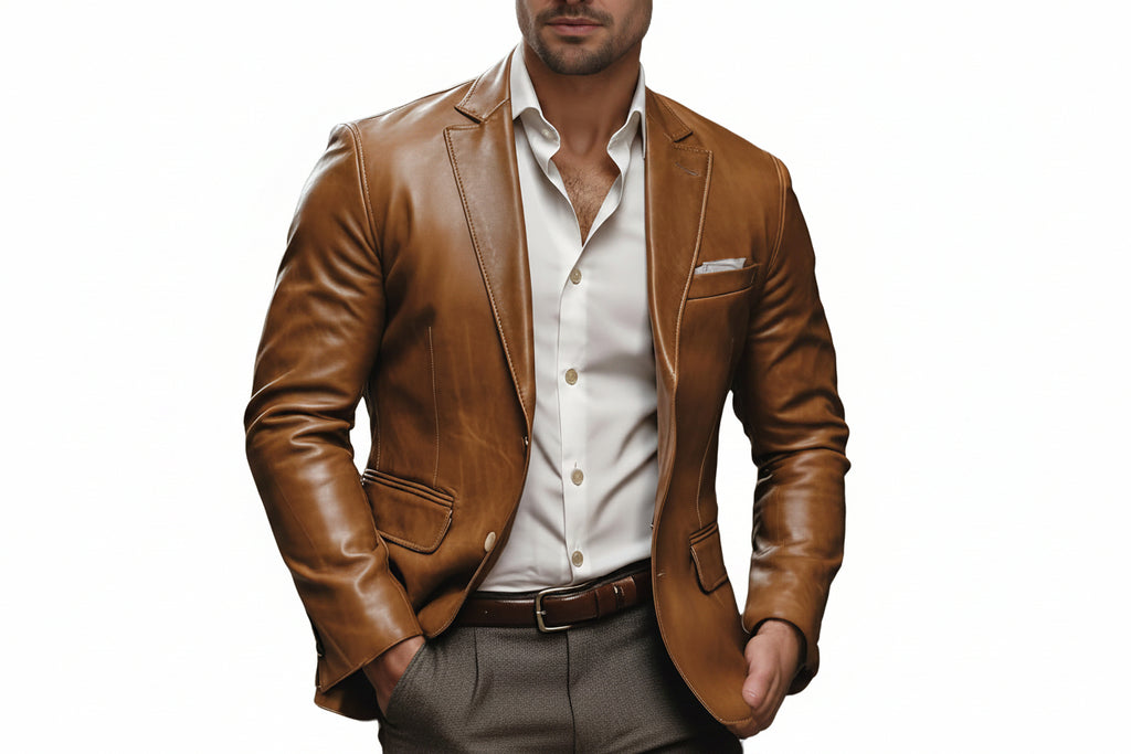 Men's crown thread elegant tailored genuine real lambskin pure soft leather suit blazer jacket in cognac tan featuring classic notch lapels, single-breasted two-button front closure, welt chest pocket with white pocket square accent, dual lower flap waist pockets, contrast white lining, tailored fit silhouette, and custom made-to-measure tailoring across the UK, USA, and Australia.