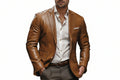 Men's crown thread elegant tailored genuine real lambskin pure soft leather suit blazer jacket in cognac tan featuring classic notch lapels, single-breasted two-button front closure, welt chest pocket with white pocket square accent, dual lower flap waist pockets, contrast white lining, tailored fit silhouette, and custom made-to-measure tailoring across the UK, USA, and Australia.