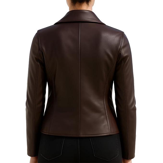 A dark brown faux-leather cropped jacket shown from the back on a model, paired with black pants against a solid white background.