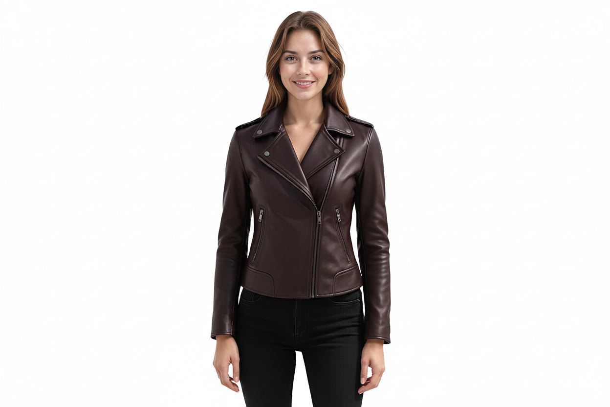 A woman modeling a dark brown faux leather moto jacket with an asymmetrical zipper, set against a plain white background.