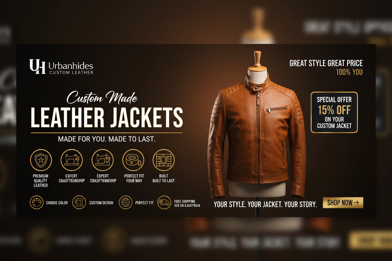 A promotional banner for UrbanHides custom made leather jackets, featuring a tan/brown leather jacket displayed on a white mannequin against a dark brown background with text and offer details.
