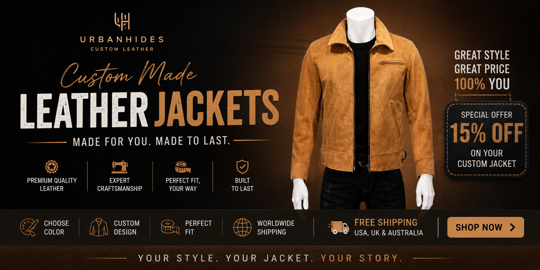 A promotional banner for UrbanHides custom made leather jackets, featuring a tan/brown leather jacket displayed on a white mannequin against a dark brown background with text and offer details.