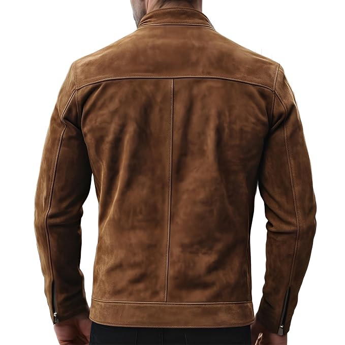Dark Legacy Luxe Signature men's tobacco brown genuine suede leather cafe racer jacket featuring a band stand collar, central silver zip closure, chest flap detail, and custom made-to-measure fitting across the UK, USA, and Australia.back
