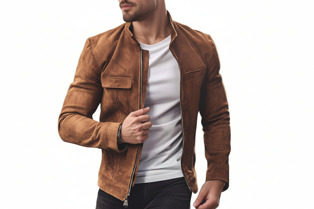 Dark Legacy Luxe Signature men's tobacco brown genuine suede leather cafe racer jacket featuring a band stand collar, central silver zip closure, chest flap detail, and custom made-to-measure fitting across the UK, USA, and Australia.