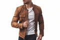 Dark Legacy Luxe Signature men's tobacco brown genuine suede leather cafe racer jacket featuring a band stand collar, central silver zip closure, chest flap detail, and custom made-to-measure fitting across the UK, USA, and Australia.