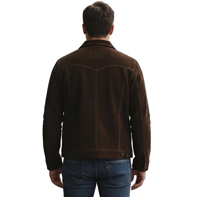 Dark Road Grand Luxe men's dark espresso brown genuine suede leather jacket featuring a spread shirt collar, contrast topstitching, dual chest flap pockets, button-front closure, and custom made-to-measure fitting across the UK, USA, and Australia.back