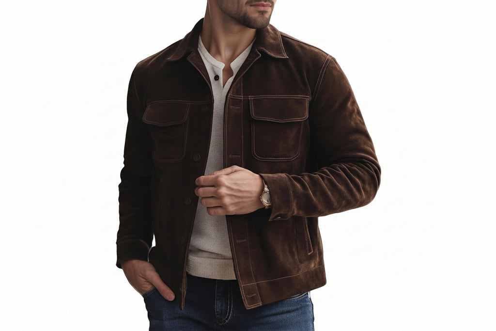 Dark Road Grand Luxe men's dark espresso brown genuine suede leather jacket featuring a spread shirt collar, contrast topstitching, dual chest flap pockets, button-front closure, and custom made-to-measure fitting across the UK, USA, and Australia.