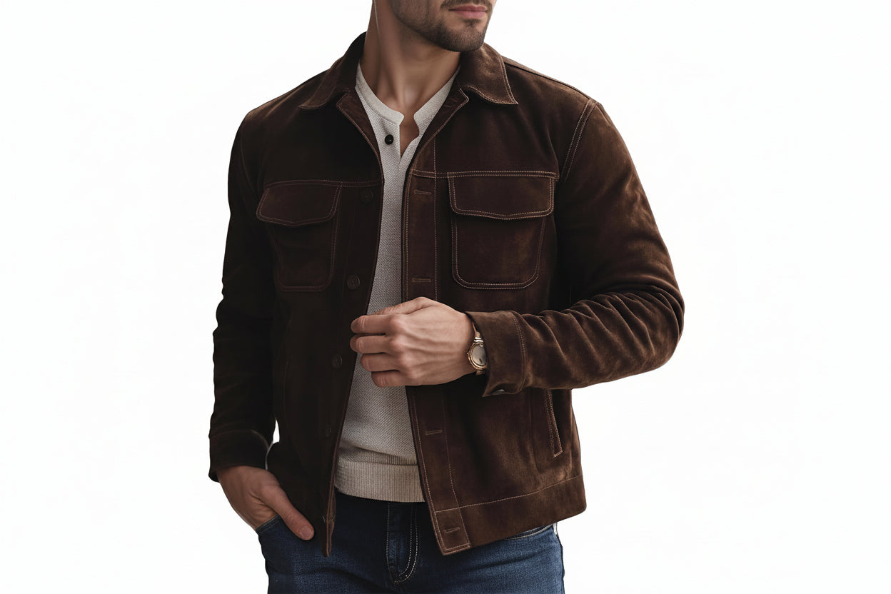 Dark Road Grand Luxe men's dark espresso brown genuine suede leather jacket featuring a spread shirt collar, contrast topstitching, dual chest flap pockets, button-front closure, and custom made-to-measure fitting across the UK, USA, and Australia.