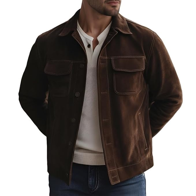 Dark Road Grand Luxe men's dark espresso brown genuine suede leather jacket featuring a spread shirt collar, contrast topstitching, dual chest flap pockets, button-front closure, and custom made-to-measure fitting across the UK, USA, and Australia.side