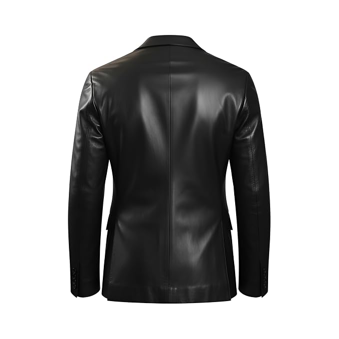 Men's dark thread tailored fit genuine real lambskin soft leather blazer suit jacket in jet black featuring classic notch lapels, single-breasted front button closure, sloped welt chest pocket, dual lower flap waist pockets, tonal inner lining, tailored slim silhouette, and custom made-to-measure tailoring across the UK, USA, and Australia.back