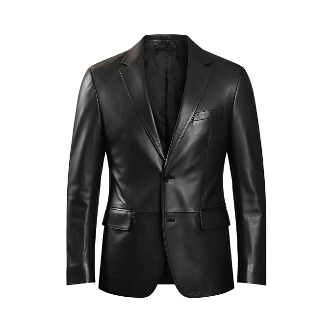 Men's dark thread tailored fit genuine real lambskin soft leather blazer suit jacket in jet black featuring classic notch lapels, single-breasted front button closure, sloped welt chest pocket, dual lower flap waist pockets, tonal inner lining, tailored slim silhouette, and custom made-to-measure tailoring across the UK, USA, and Australia.Front