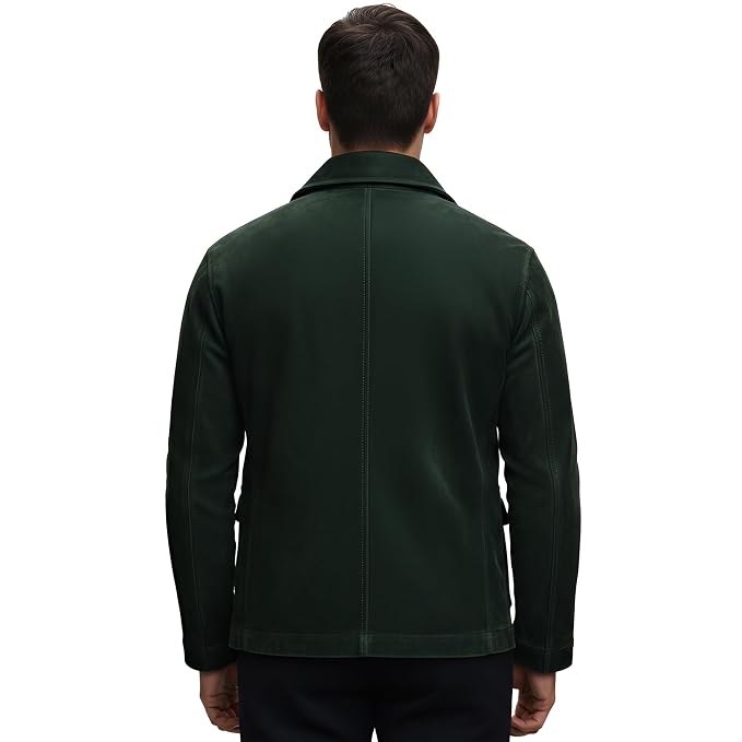 Dark Throttle men's dark olive green genuine suede leather field jacket featuring a wide spread collar, 4 pleated flap cargo pockets, button-front closure, and custom made-to-measure fitting across the UK, USA, and Australia.back