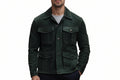 Dark Throttle men's dark olive green genuine suede leather field jacket featuring a wide spread collar, 4 pleated flap cargo pockets, button-front closure, and custom made-to-measure fitting across the UK, USA, and Australia.