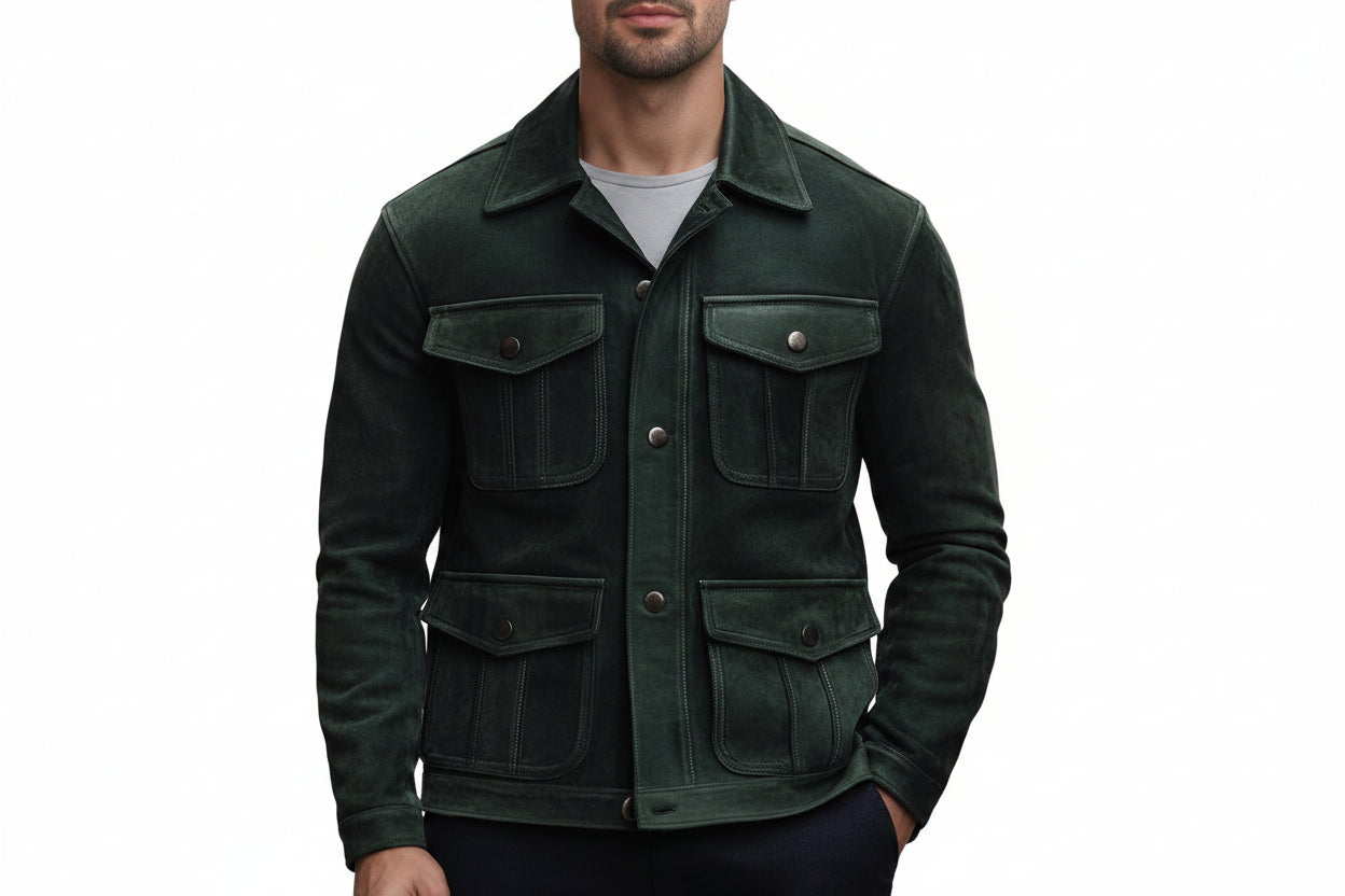 Dark Throttle men's dark olive green genuine suede leather field jacket featuring a wide spread collar, 4 pleated flap cargo pockets, button-front closure, and custom made-to-measure fitting across the UK, USA, and Australia.
