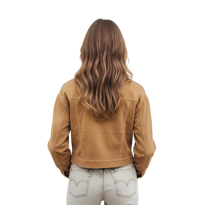 Darkridge women's warm tan-camel genuine suede leather jacket featuring a classic point collar, central front zip closure, dual buttoned chest flap pockets, cropped waist hem, and custom made-to-measure fitting across the UK, USA, and Australia.back