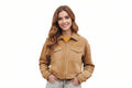 Darkridge women's warm tan-camel genuine suede leather jacket featuring a classic point collar, central front zip closure, dual buttoned chest flap pockets, cropped waist hem, and custom made-to-measure fitting across the UK, USA, and Australia.