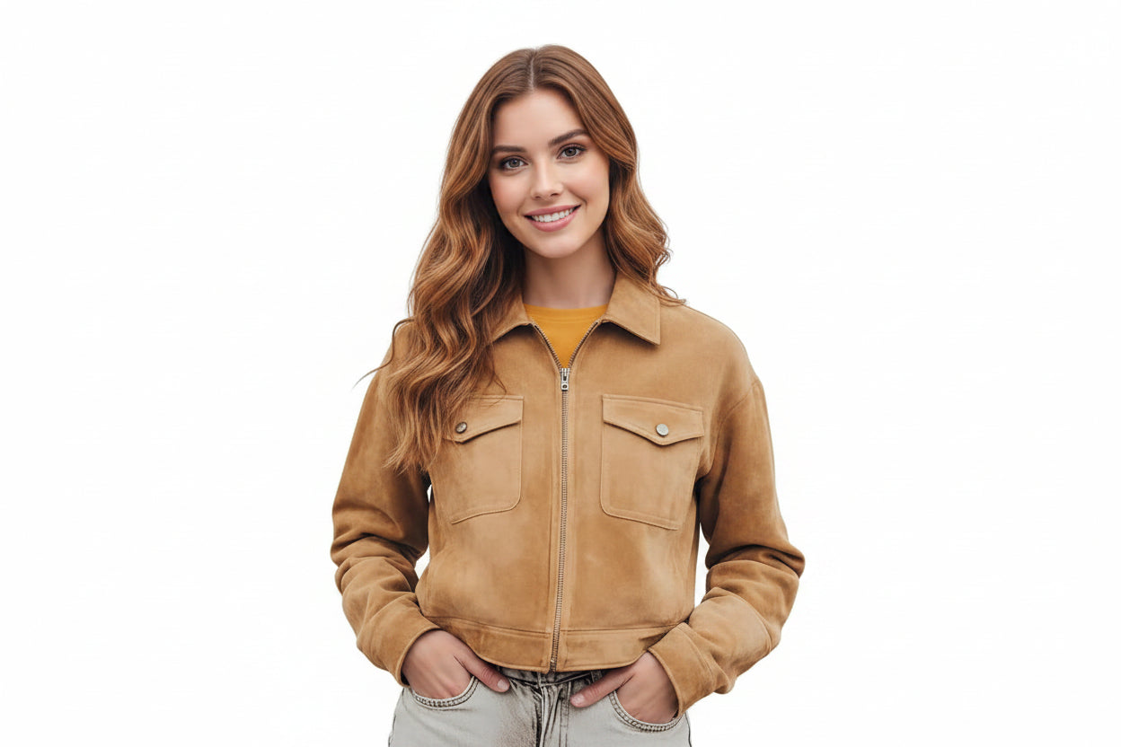 Darkridge women's warm tan-camel genuine suede leather jacket featuring a classic point collar, central front zip closure, dual buttoned chest flap pockets, cropped waist hem, and custom made-to-measure fitting across the UK, USA, and Australia.
