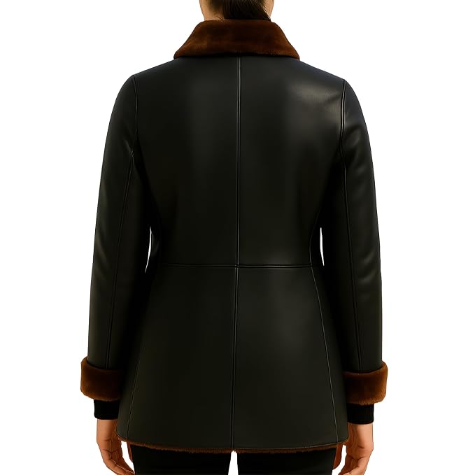 Darkthread women's matte black genuine lambskin leather jacket featuring a double-breasted button front, brown shearling fur spread collar, matching fur edge trim and cuffs, front patch pockets, and custom made-to-measure fitting across the UK, USA, and Australia.back