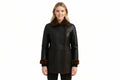 Darkthread women's matte black genuine lambskin leather jacket featuring a double-breasted button front, brown shearling fur spread collar, matching fur edge trim and cuffs, front patch pockets, and custom made-to-measure fitting across the UK, USA, and Australia.