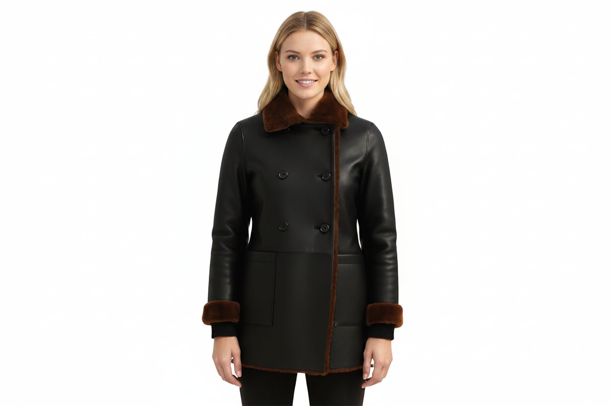 Darkthread women's matte black genuine lambskin leather jacket featuring a double-breasted button front, brown shearling fur spread collar, matching fur edge trim and cuffs, front patch pockets, and custom made-to-measure fitting across the UK, USA, and Australia.
