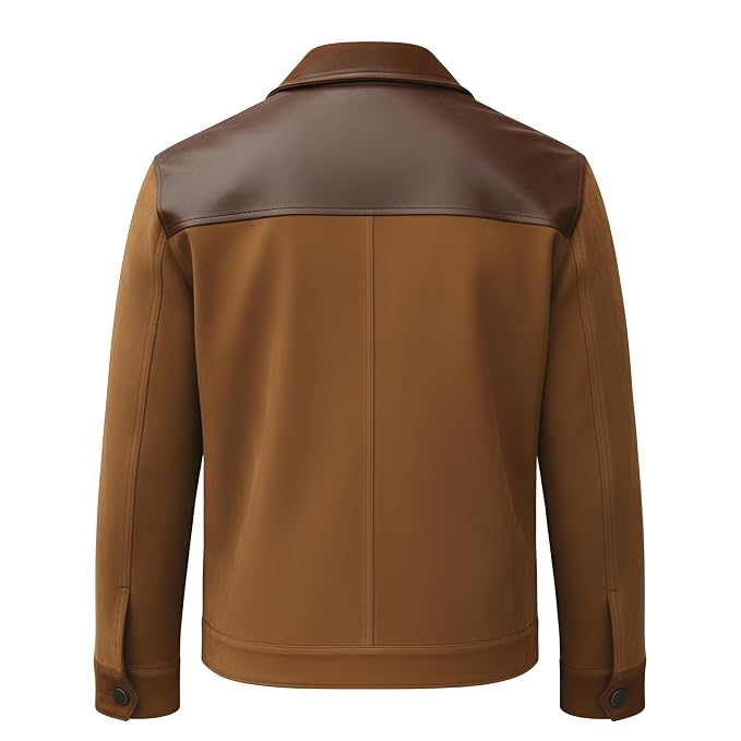 Drift Hide Royal men's two-tone tan genuine suede leather jacket featuring dark brown smooth leather chest yoke, spread collar, flap pockets, silver zip closure, and custom made-to-measure fitting across the UK, USA, and Australia.