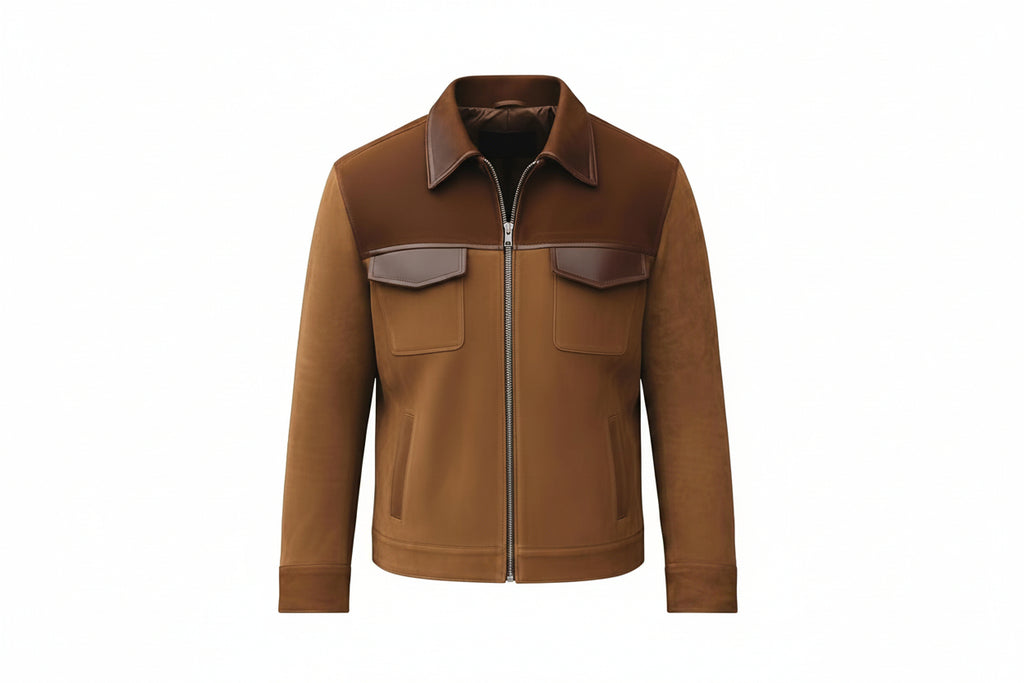 Drift Hide Royal men's two-tone tan genuine suede leather jacket featuring dark brown smooth leather chest yoke, spread collar, flap pockets, silver zip closure, and custom made-to-measure fitting across the UK, USA, and Australia.