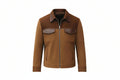 Drift Hide Royal men's two-tone tan genuine suede leather jacket featuring dark brown smooth leather chest yoke, spread collar, flap pockets, silver zip closure, and custom made-to-measure fitting across the UK, USA, and Australia.