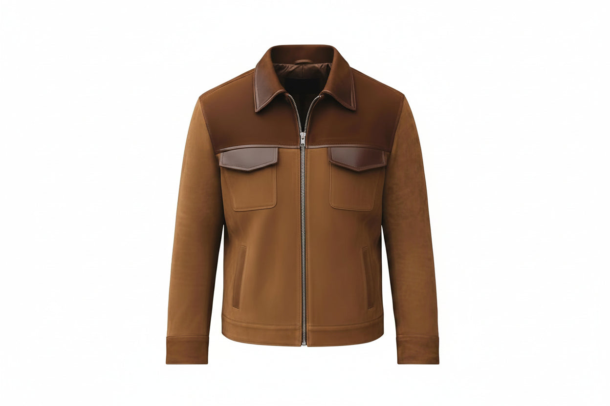 Drift Hide Royal men's two-tone tan genuine suede leather jacket featuring dark brown smooth leather chest yoke, spread collar, flap pockets, silver zip closure, and custom made-to-measure fitting across the UK, USA, and Australia.