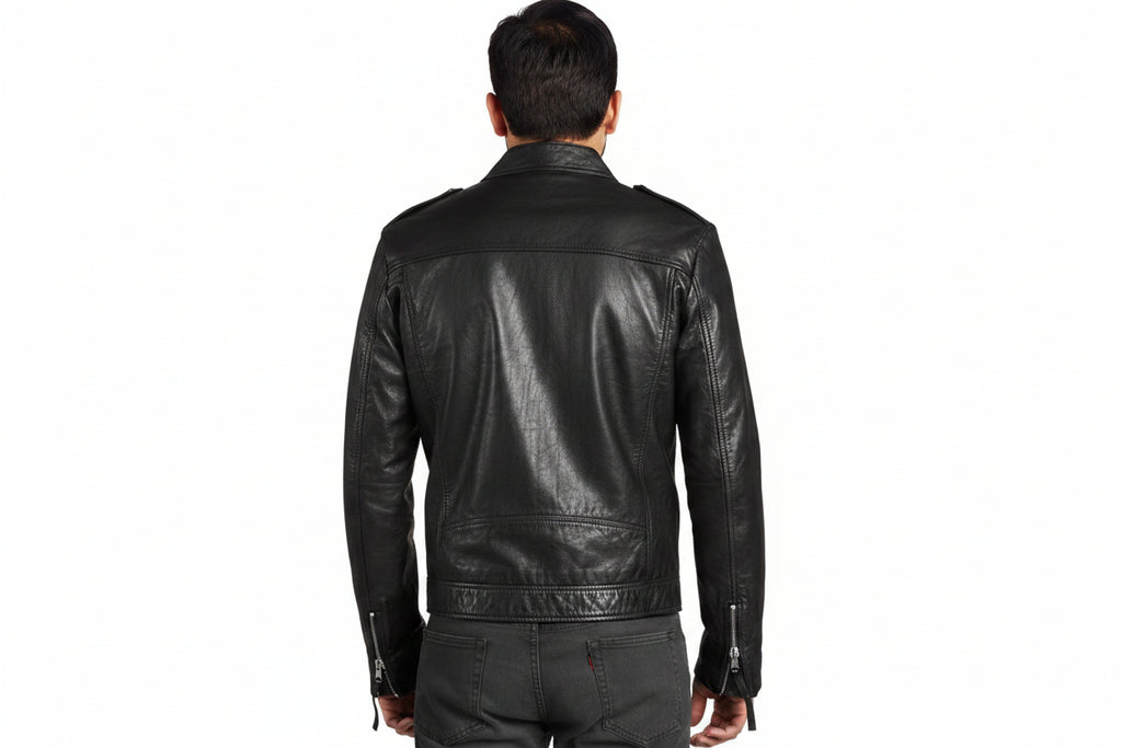 Men's Dusty Trail genuine real soft lambskin leather biker jacket in washed vintage black featuring a snap-button mandarin stand collar, shoulder epaulets, full-length front silver zipper closure, sloped zip chest pocket, upper arm zipper pocket, dual side hand pockets, tailored slim fit, and custom made-to-measure tailoring available worldwide.back